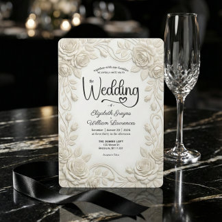 Faux Embossed 3D Cream Rose Bas Relief Wedding Invitation