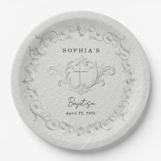Faux Embossed Floral Baptism Paper Plate