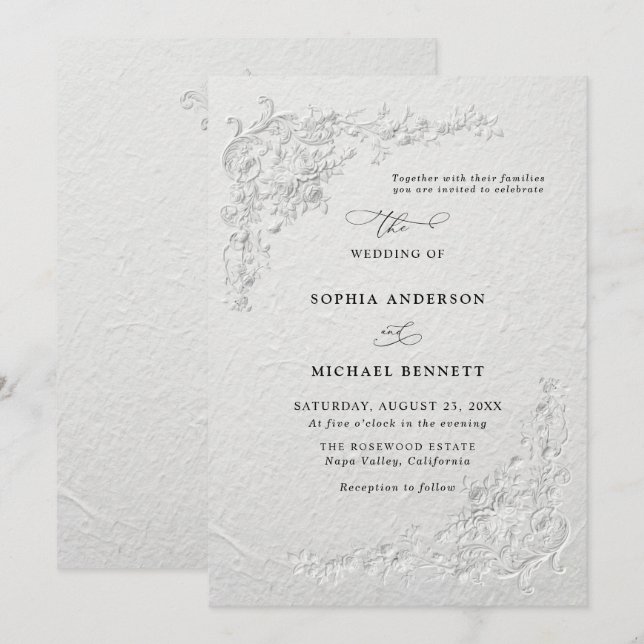 Faux Embossed Floral Wedding Invitation (Front/Back)
