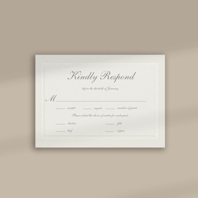 Faux Embossed Formal Elegant Wedding Meal RSVP (formal traditional wedding RSVP response card faux embossed cream ecru frame calligraphy classic)