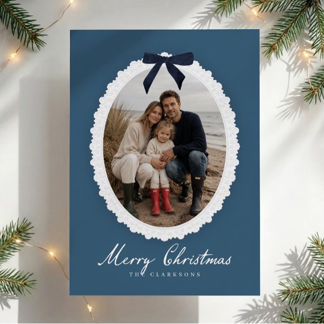 Faux Embossed Frame Blue Velvet Bow Photo card (Creator Uploaded)