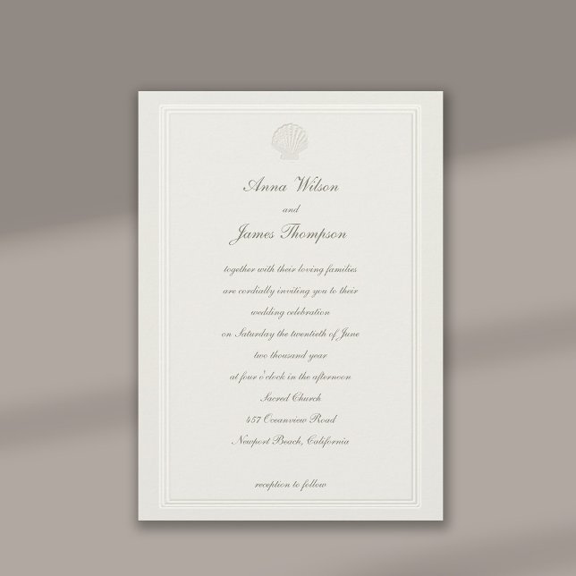 Faux Embossed Frame Seashell Ecru Formal Wedding Invitation (formal traditional wedding invitation nautical seashell beach ocean lakeside yacht faux embossed)