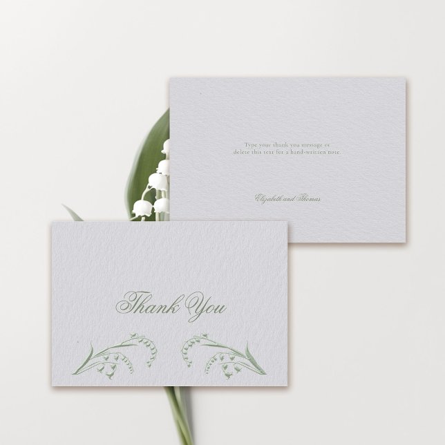 Faux Embossed Lily Valley Green Formal Wedding Thank You Card (formal wedding thank you card classic traditional faux embossed lily of the valley frame ivory green)