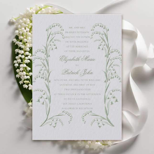 Faux Embossed Lily Valley Ivory Green Wedding Invitation (formal wedding invitation classic traditional faux embossed lily of the valley frame ivory green)
