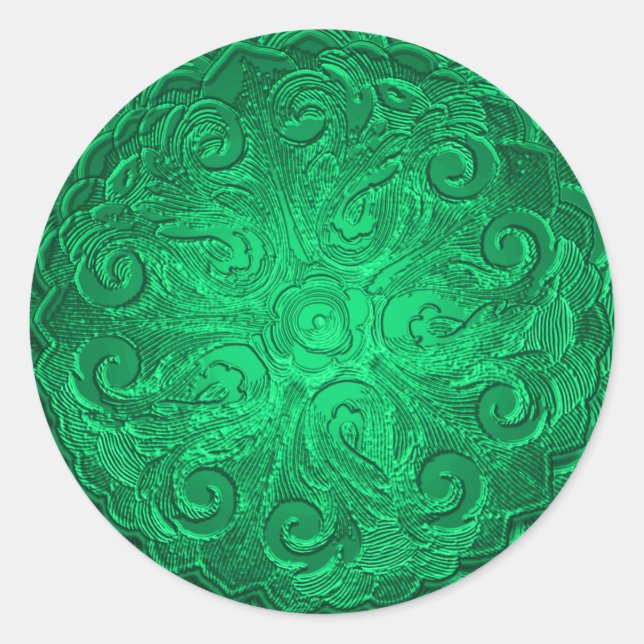 Faux Embossed Look Ornate Seal, Green Classic Round Sticker (Front)