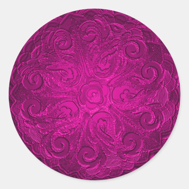 Faux Embossed Look Ornate Seal, Hot Pink Classic Round Sticker (Front)