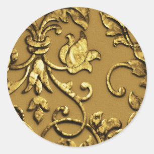 Faux Embossed  Metallic Damask, Gold Classic Round Sticker