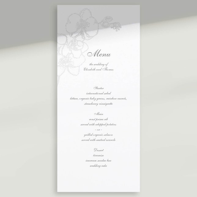 Faux Embossed Orchid Classic Calligraphy Wedding Menu (formal wedding menu card faux embossed orchid floral modern classic traditional calligraphy)