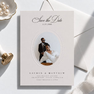 Faux Embossed Oval Dotted Frame Modern Ivory Save The Date
