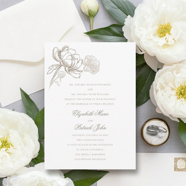 Faux Embossed Peonies Formal Parents Host Wedding Invitation (peony wedding invitation formal traditional elegant calligraphy modern classic parents host)