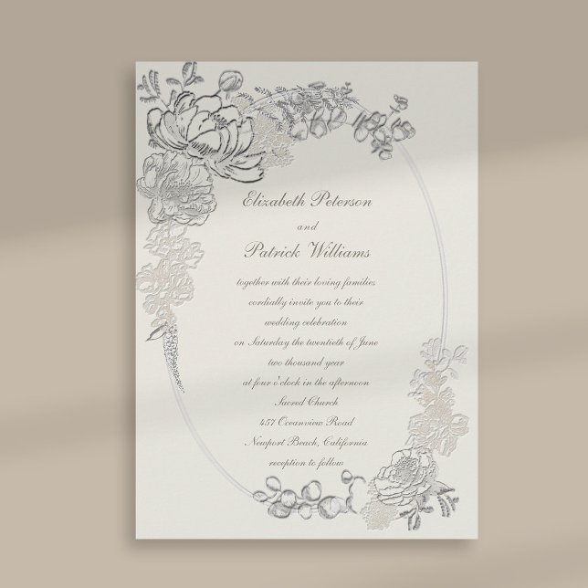 Faux Embossed Peonies Ov Frame Calligraphy Wedding Invitation (peony wedding invitation floral oval frame formal traditional elegant calligraphy ecru classic chic)
