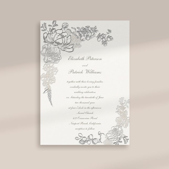 Faux Embossed Peony Chic Frame Calligraphy Wedding Invitation (formal traditional elegant calligraphy wedding invitation faux embossed peony pearl classic)