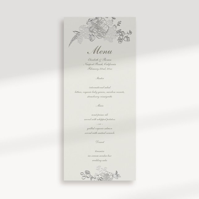 Faux Embossed Peony Classic Formal Ecru Wedding Menu (formal traditional elegant calligraphy wedding menu card faux embossed peony ecru classic)