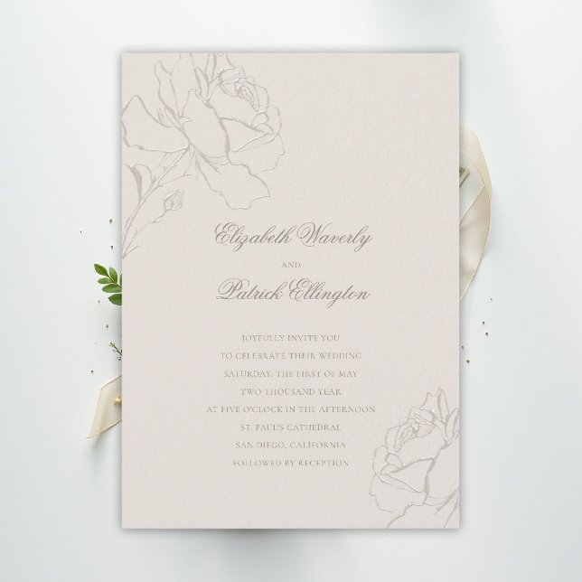 Faux Embossed Roses Ecru Formal Classic Wedding Invitation (ethereal wedding theme ecru invitation formal traditional modern classic floral roses elegant)