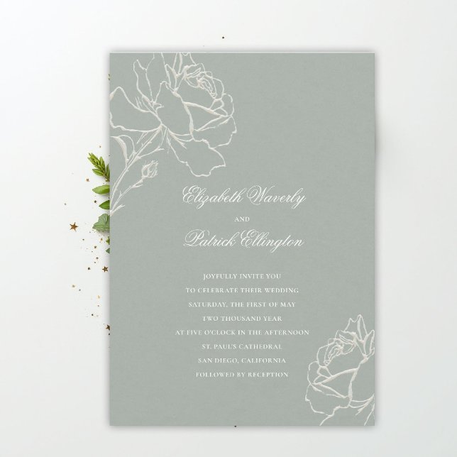 Faux Embossed Roses Sage Green Classic Wedding Invitation (sage green wedding theme invitation formal traditional modern classic floral elegant roses)