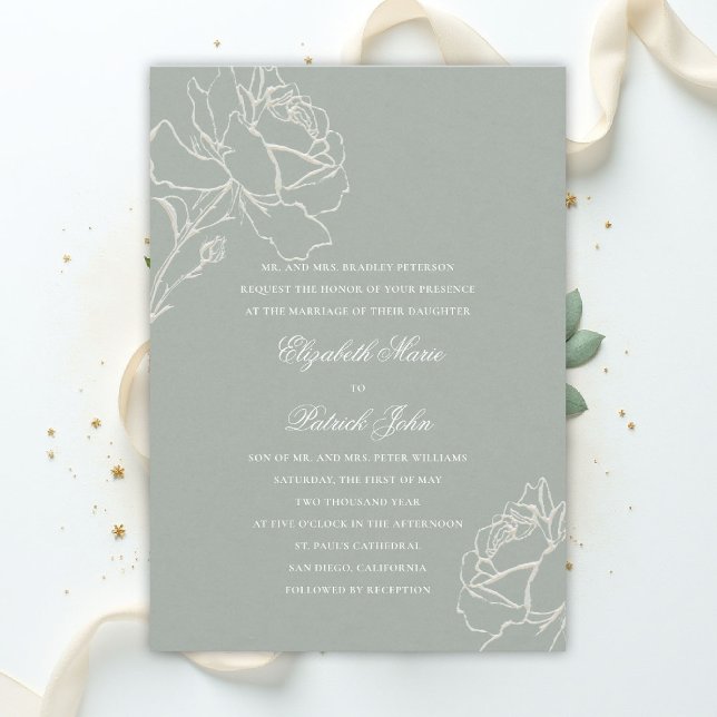 Faux Embossed Roses Sage Green Formal Wedding Invitation (sage green wedding theme invitation formal traditional modern classic floral roses elegant)