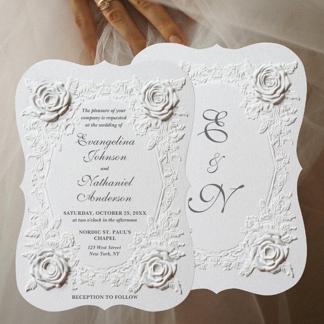  Faux Embossed Roses Script Elegant Formal Wedding Invitation (Creator Uploaded)