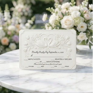 Faux Embossed Swans Heart Floral Scroll RSVP Card