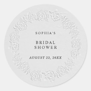 Faux Embossed White Roses Bridal Shower Classic Round Sticker