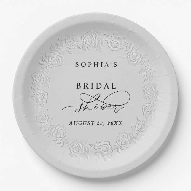 Faux Embossed White Roses Bridal Shower  Paper Plate (Front)