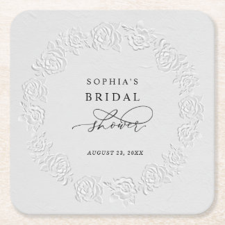 Faux Embossed White Roses Bridal Shower Square Paper Coaster