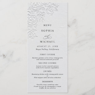 Faux Embossed White Roses Wedding Flat Menu