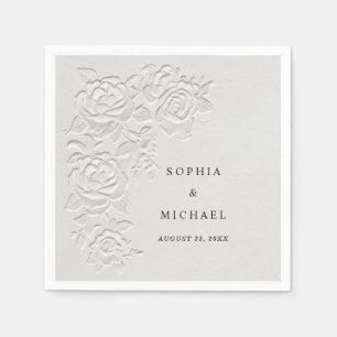 Faux Embossed White Roses Wedding Napkins