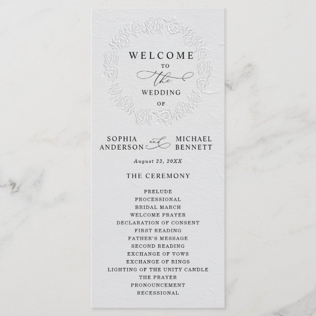 Faux Embossed White Roses Wedding Program Programme (Front)