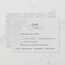Faux Embossed White Roses Wedding RSVP Card