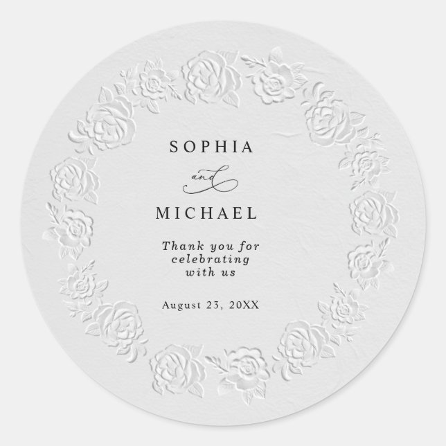 Faux Embossed White Roses Wedding Sticker (Front)