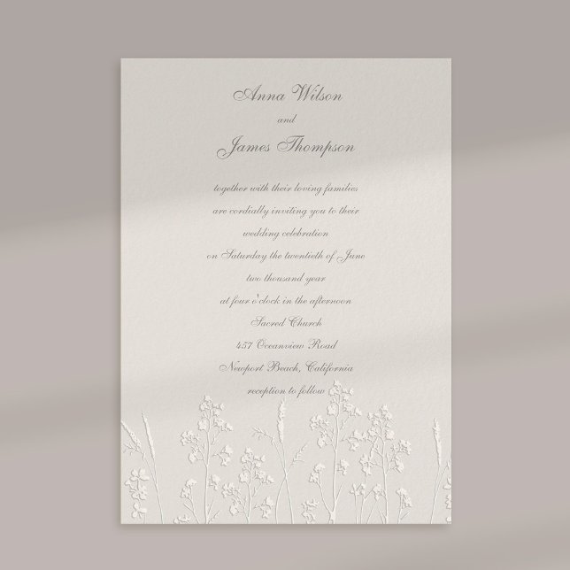 Faux Embossed Wildflowers Ecru Classic Wedding Invitation (formal traditional wedding invitation faux embossed wildflowers art sketch ecru calligraphy)