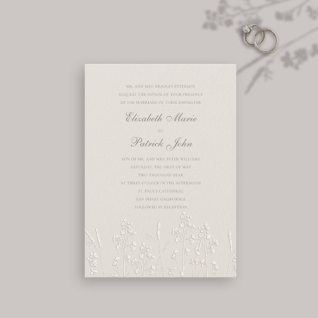 Faux Embossed Wildflowers Ecru Formal Wedding Invitation (formal traditional wedding invitation faux embossed wildflowers art sketch ecru modern classic)