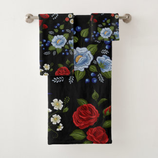 Faux Embroidered Red & Blue Flowers  Bath Towel Set