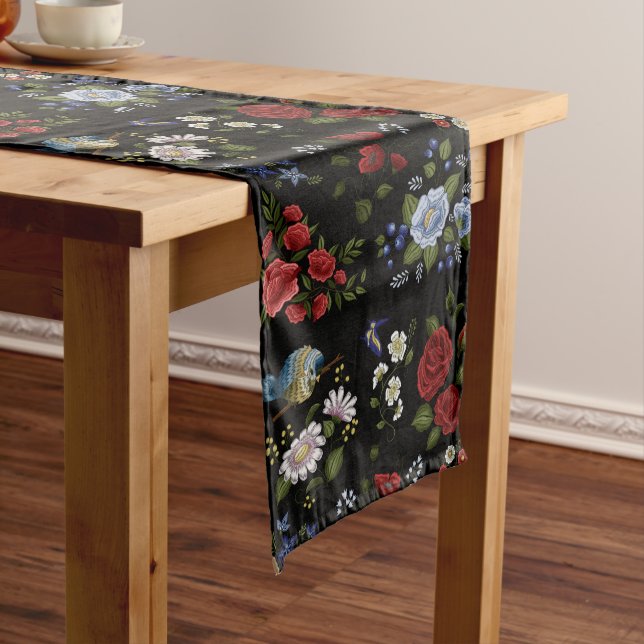 Faux Embroidered Red & Blue Flowers  Long Table Runner (In Situ)