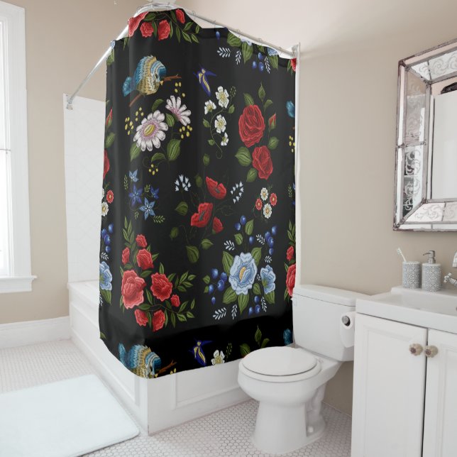Faux Embroidered Red & Blue Flowers  Shower Curtain (In Situ)