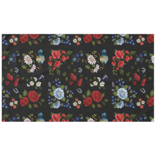 Faux Embroidered Red & Blue Flowers    Tablecloth