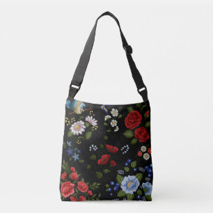 Faux Embroidered Red & Blue Flowers Tote Bag