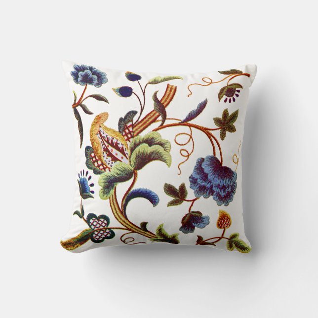 Faux Embroidery - Blue Jacobean Crewel Embroidery Cushion (Front)