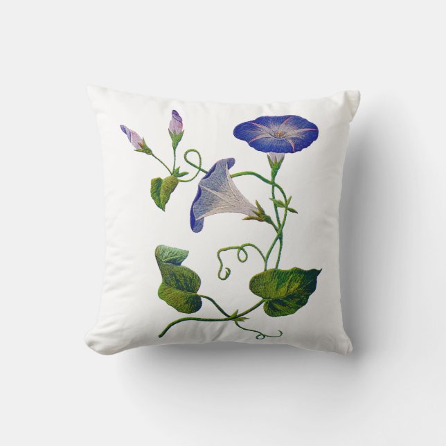 Faux Embroidery -  Blue Morning Glory Cushion (Front)