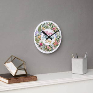 Faux Embroidery Floral Happy Mother's Day Round Clock