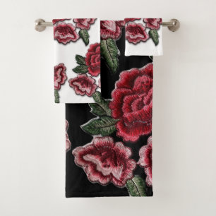 Faux Embroidery Red Roses Floral Rose Pattern Bath Towel Set