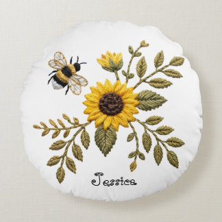 Faux Embroidery Sunflower and Honeybee Round Cushion