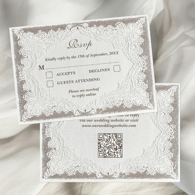 Faux Embroidery Timeless Lace QR Code Wedding RSVP Card (Creator Uploaded)