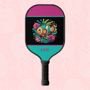 Faux Embroidery Tropical Fish Blue Pink Monogram Pickleball Paddle