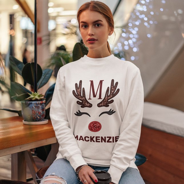 Faux Embroidery Womens Reindeer Xmas Monogram Name Sweatshirt (Creator Uploaded)