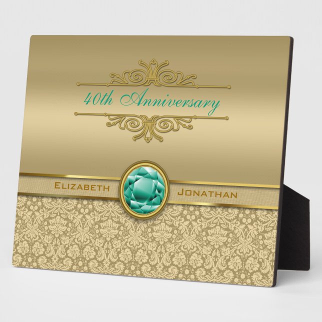 Faux Emerald Gemstone Metallic Shiny Gold Damask Plaque (Side)