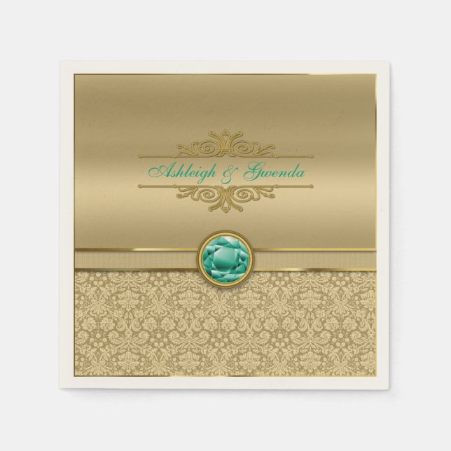 Faux Emerald Green Gemstone Metallic Gold Damask Napkin (Front)