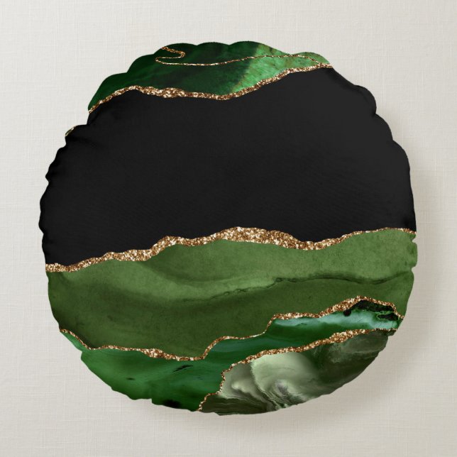 Faux Emerald Green Marbled Agate Contemporary Round Cushion (Front)