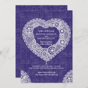 Faux fabric lace heart navy wedding invites