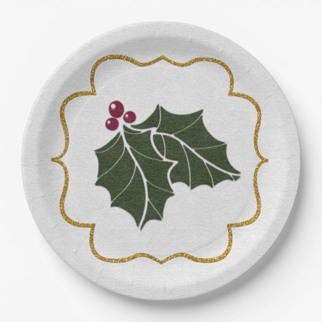 Faux Felt and Gold Glitter Holly Leaves Berries Paper Plate (Front)